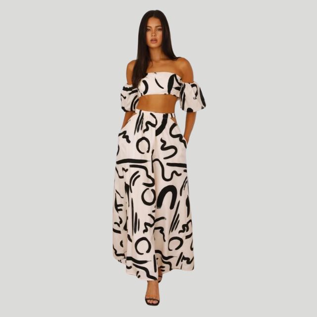 Tweedelige off-the-shoulder set met abstracte print - Josephine