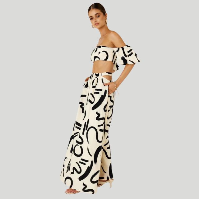 Tweedelige off-the-shoulder set met abstracte print - Josephine