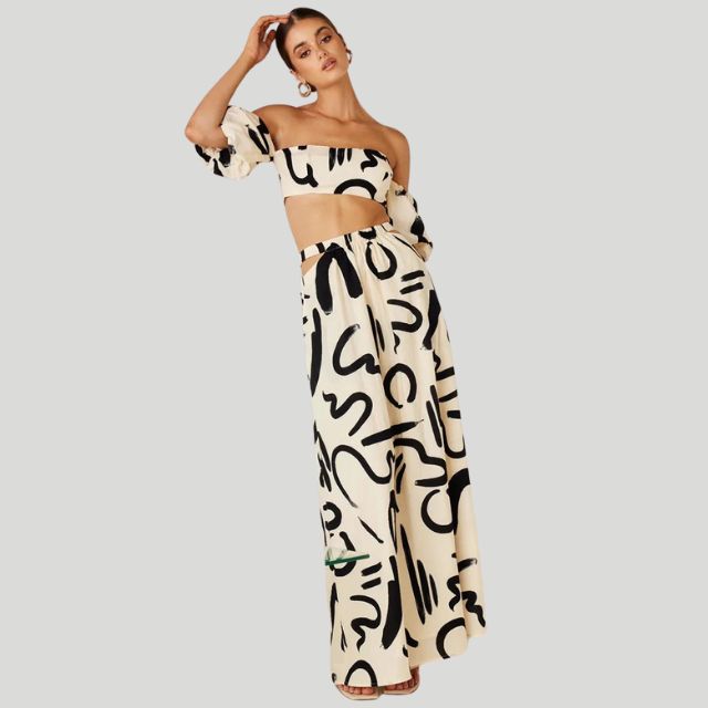 Tweedelige off-the-shoulder set met abstracte print - Josephine