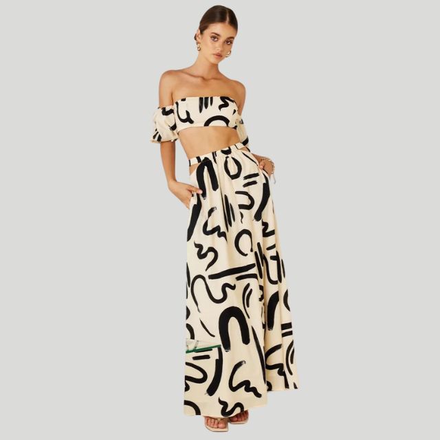 Tweedelige off-the-shoulder set met abstracte print - Josephine