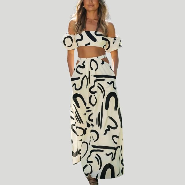 Tweedelige off-the-shoulder set met abstracte print - Josephine
