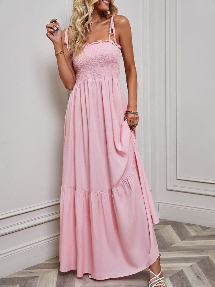 Roze eenvoudige zomer maxi jurk met spaghetti bandjes - Gea
