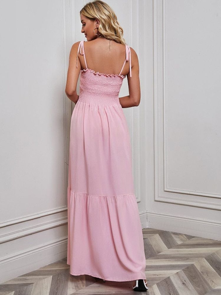 Roze eenvoudige zomer maxi jurk met spaghetti bandjes - Gea