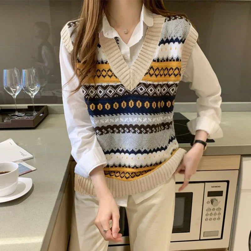 Mouwloos gebreid vest met geometrische patronen - Venna