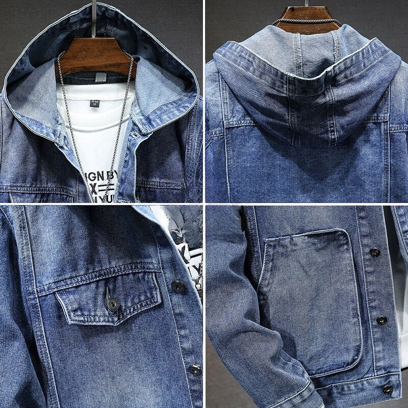 Urban denim herenjack met capuchon, ideaal voor koele herfst- en winterdagen.