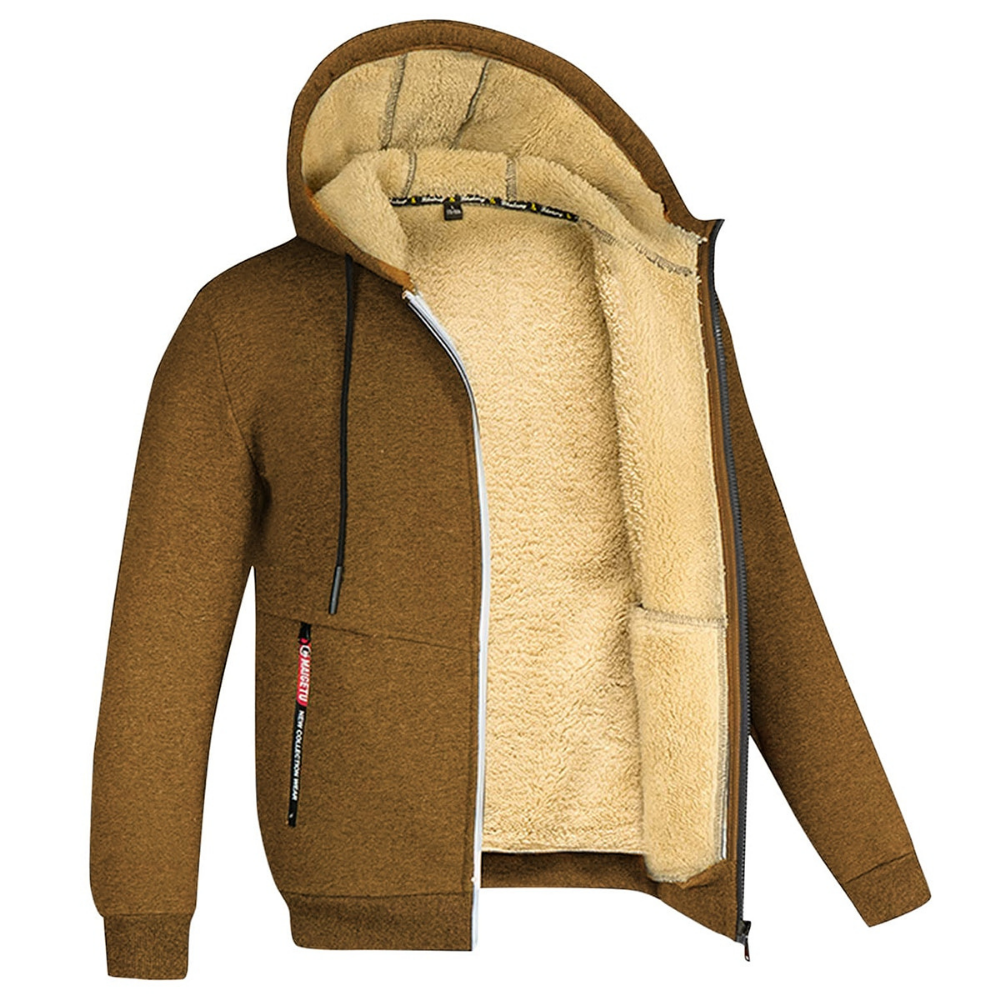 Gezellige herenjas met capuchon van pluche, warm en modern met praktische zakken en een royale capuchon