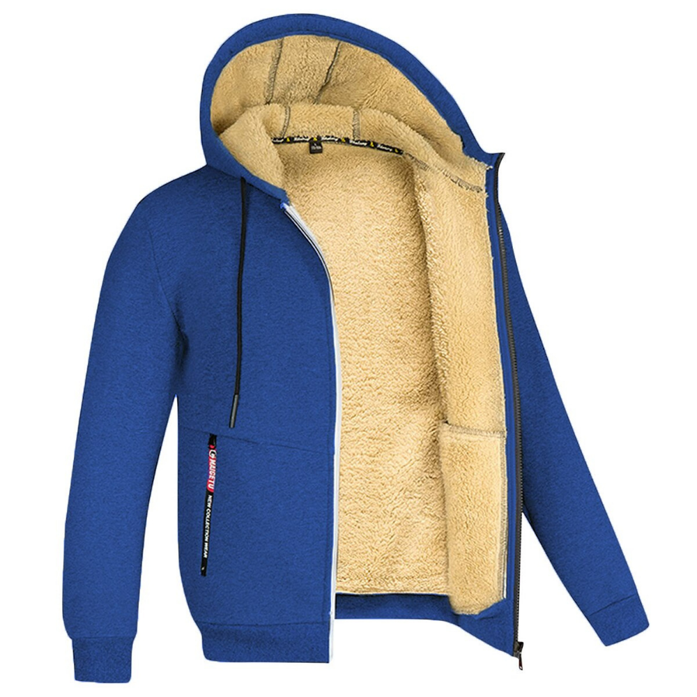 Gezellige herenjas met capuchon van pluche, warm en modern met praktische zakken en een royale capuchon