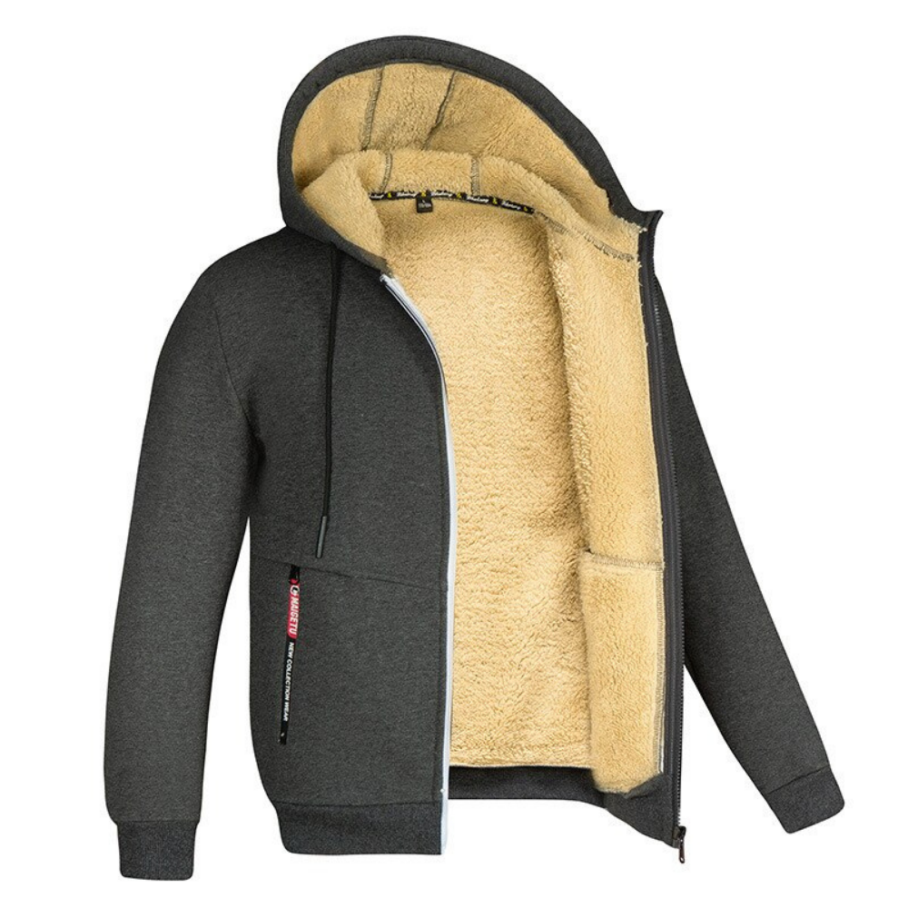 Gezellige herenjas met capuchon van pluche, warm en modern met praktische zakken en een royale capuchon