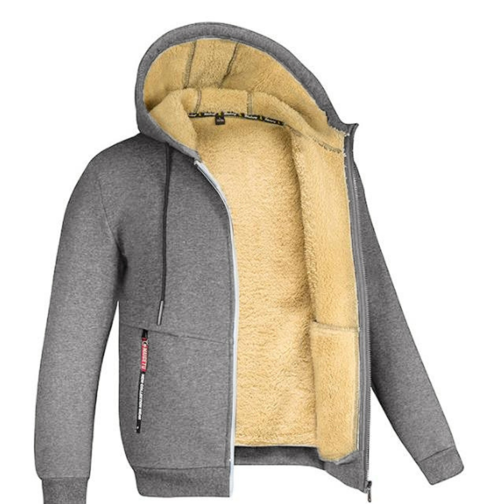 Gezellige herenjas met capuchon van pluche, warm en modern met praktische zakken en een royale capuchon