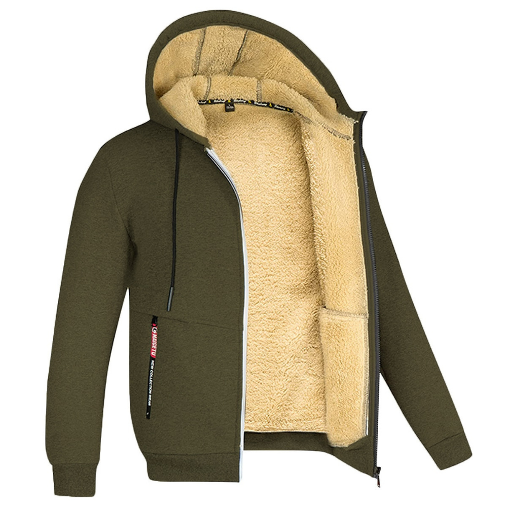 Gezellige herenjas met capuchon van pluche, warm en modern met praktische zakken en een royale capuchon