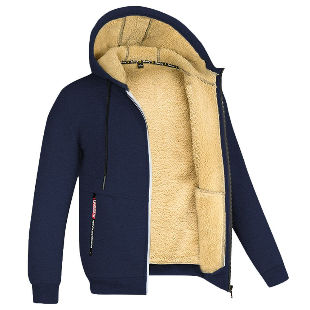 Gezellige herenjas met capuchon van pluche, warm en modern met praktische zakken en een royale capuchon