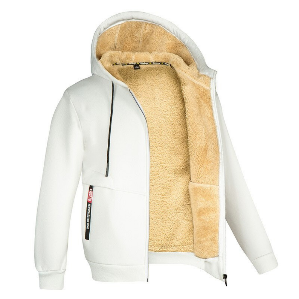 Gezellige herenjas met capuchon van pluche, warm en modern met praktische zakken en een royale capuchon