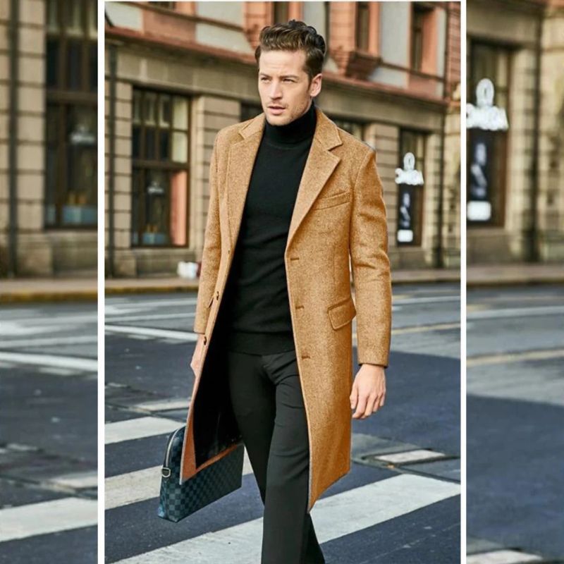 Man in een luxe jas voor mannen, perfect voor koude herfst- en winterdagen.