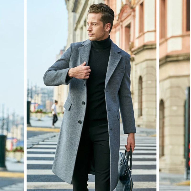 Man in een luxe jas voor mannen, perfect voor koude herfst- en winterdagen.