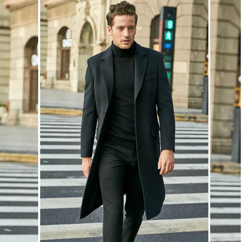 Man in een luxe jas voor mannen, perfect voor koude herfst- en winterdagen.