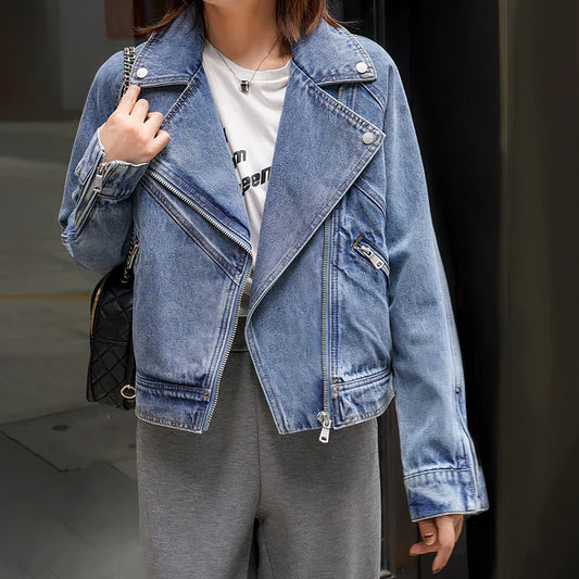 Rider denim jas voor dames, ideaal voor herfst- en winterdagen, in bikerstijl met asymmetrische ritssluiting