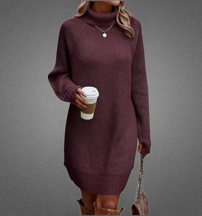 Warme jumperjurk voor dames, perfect voor koude herfst- en winterdagen, met zacht gebreid materiaal en elegant ontwerp.