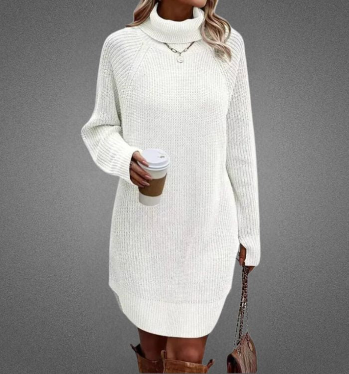 Warme jumperjurk voor dames, perfect voor koude herfst- en winterdagen, met zacht gebreid materiaal en elegant ontwerp.