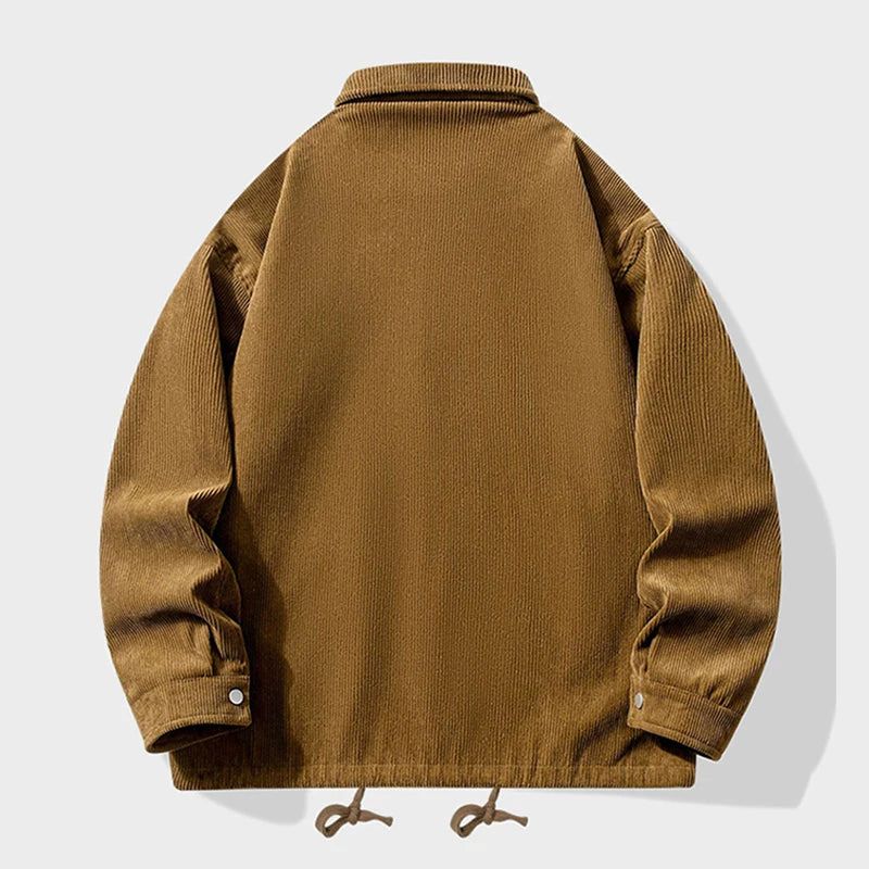 Warme corduroy herenjas, ideaal voor herfst- en winterdagen, gemaakt van zacht corduroy materiaal met een stijlvol ontwerp en verstelbaar taillekoord.