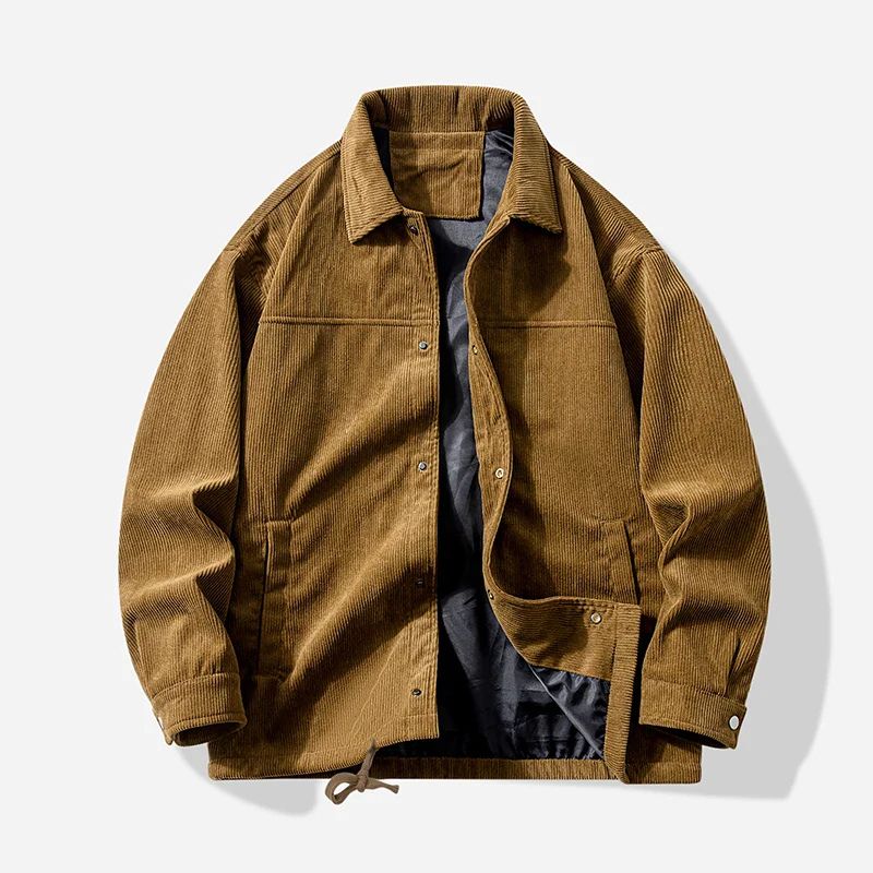 Warme corduroy herenjas, ideaal voor herfst- en winterdagen, gemaakt van zacht corduroy materiaal met een stijlvol ontwerp en verstelbaar taillekoord.