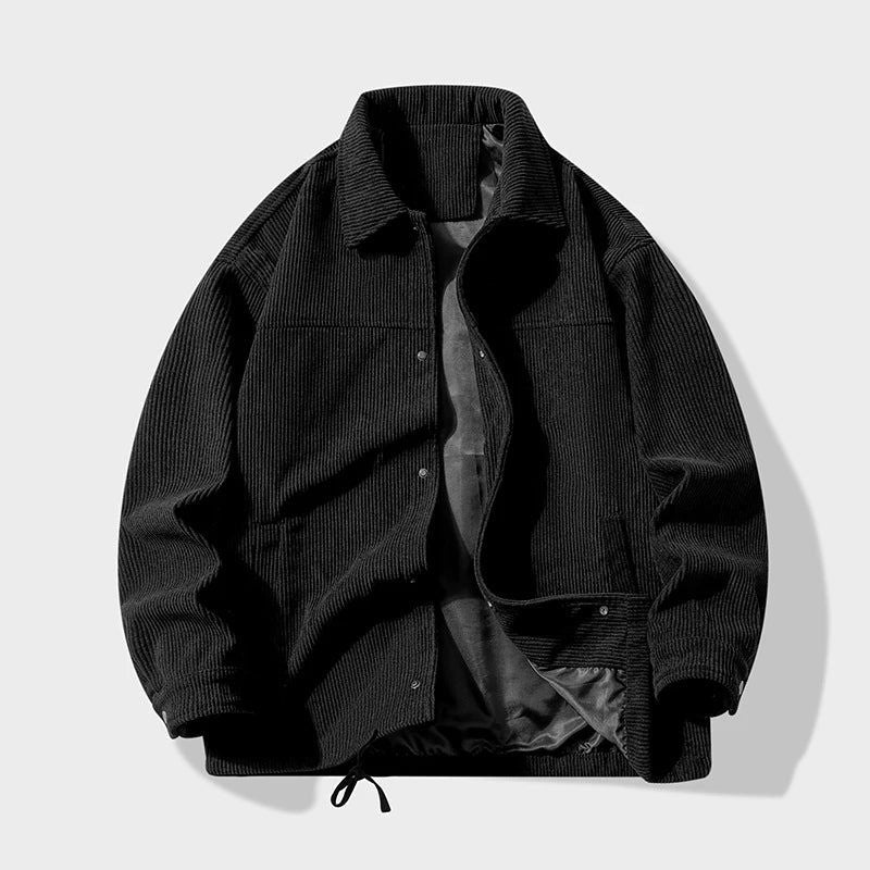 Warme corduroy herenjas, ideaal voor herfst- en winterdagen, gemaakt van zacht corduroy materiaal met een stijlvol ontwerp en verstelbaar taillekoord.