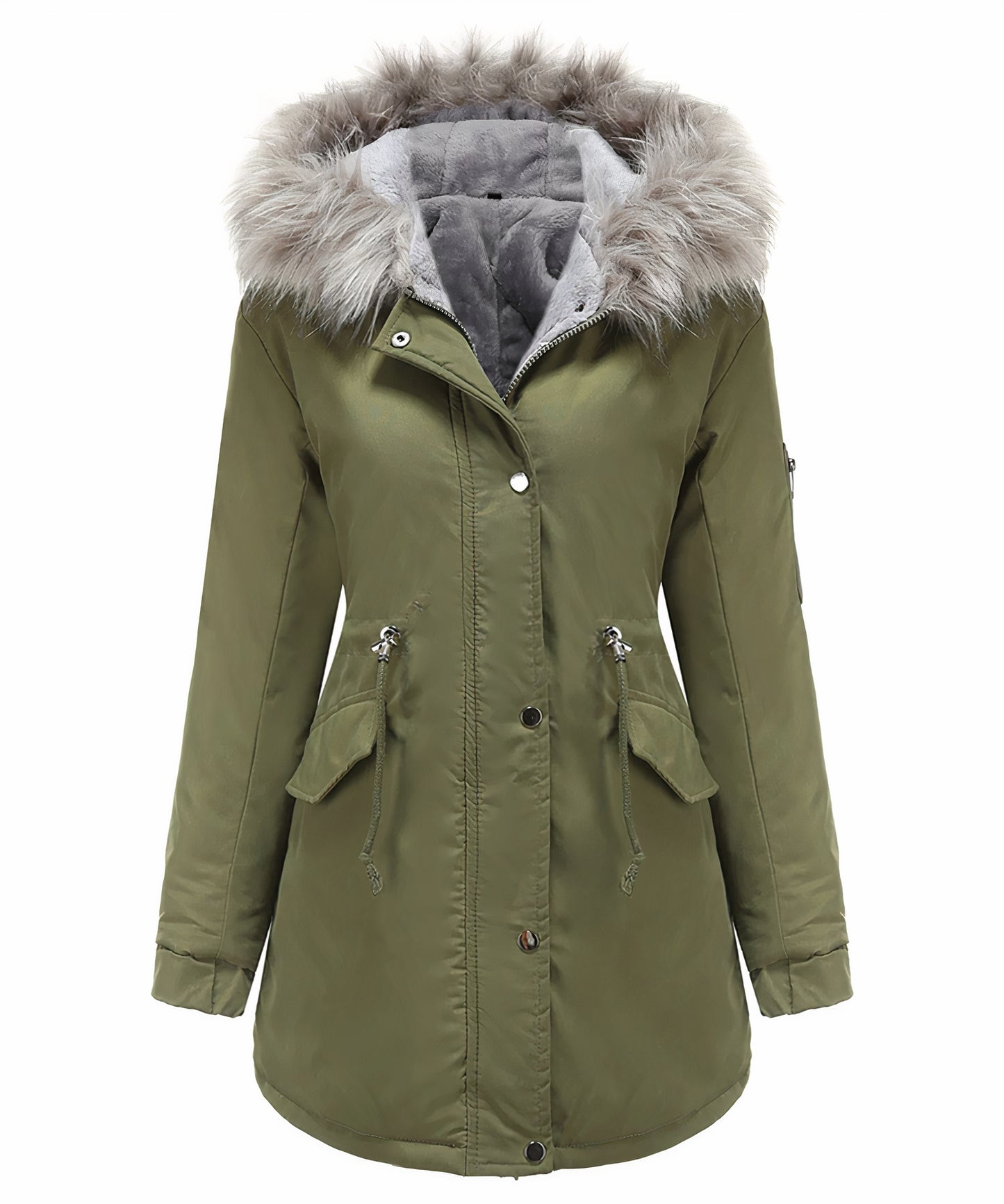 Waterdichte winterjas voor dames met donzige voering en praktische zakken voor koude dagen.