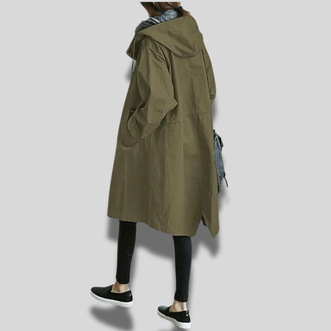 Waterdichte jas met capuchon voor dames, ideaal voor regenachtige dagen.