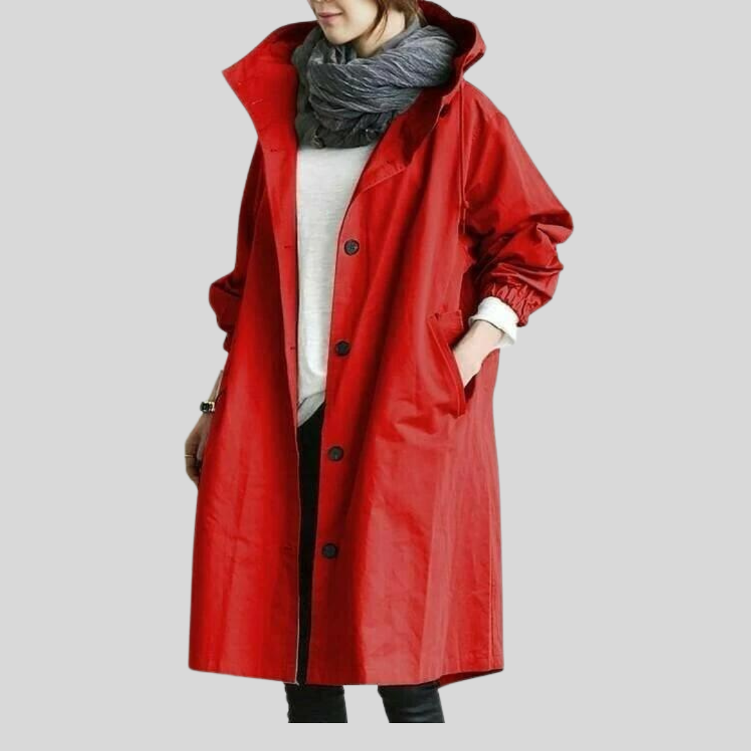 Waterdichte jas met capuchon voor dames, ideaal voor regenachtige dagen.