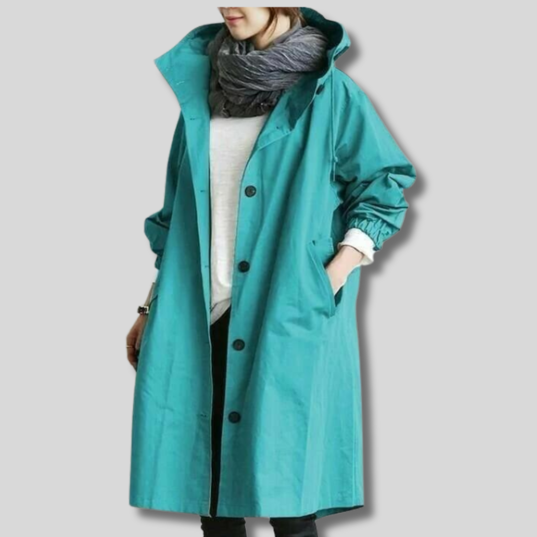 Waterdichte jas met capuchon voor dames, ideaal voor regenachtige dagen.