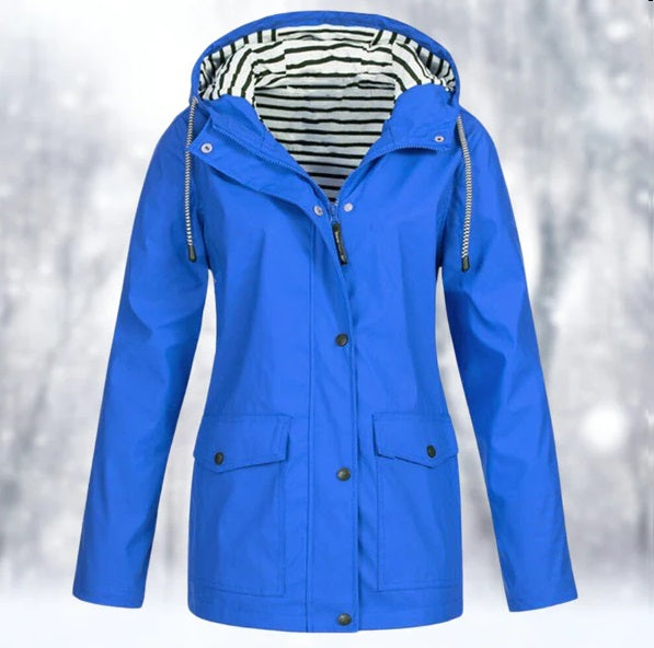 Weerbestendige jas voor dames, ideaal voor herfst- en winterdagen, met winddicht en waterdicht materiaal en verstelbare capuchon.