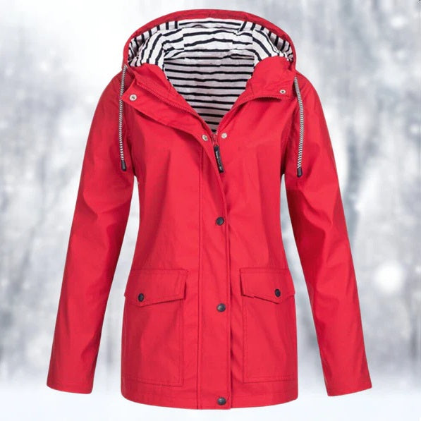 Weerbestendige jas voor dames, ideaal voor herfst- en winterdagen, met winddicht en waterdicht materiaal en verstelbare capuchon.