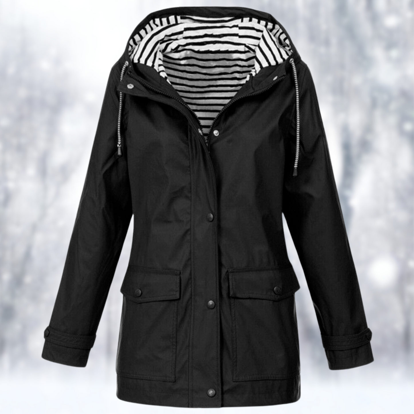 Weerbestendige jas voor dames, ideaal voor herfst- en winterdagen, met winddicht en waterdicht materiaal en verstelbare capuchon.