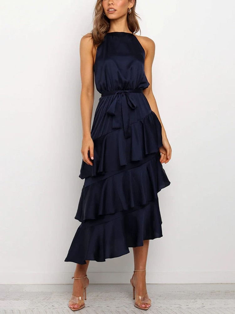 Elegante blauwe maxi jurk met ruches - Gyuri