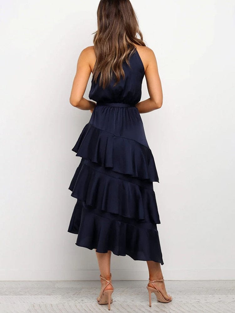 Elegante blauwe maxi jurk met ruches - Gyuri