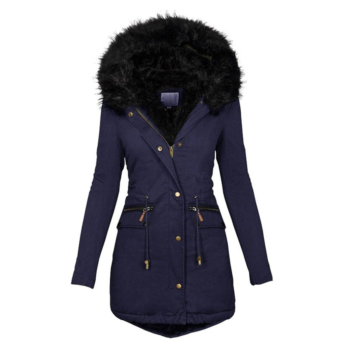 Winddichte, warme winterjas voor dames met een capuchon van imitatiebont en praktische zakken, ideaal voor koude winterdagen
