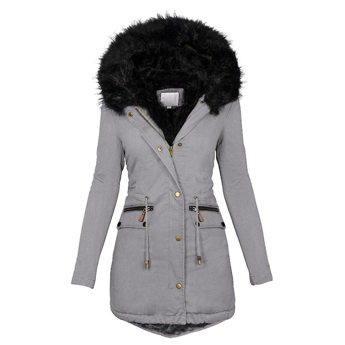 Winddichte, warme winterjas voor dames met een capuchon van imitatiebont en praktische zakken, ideaal voor koude winterdagen