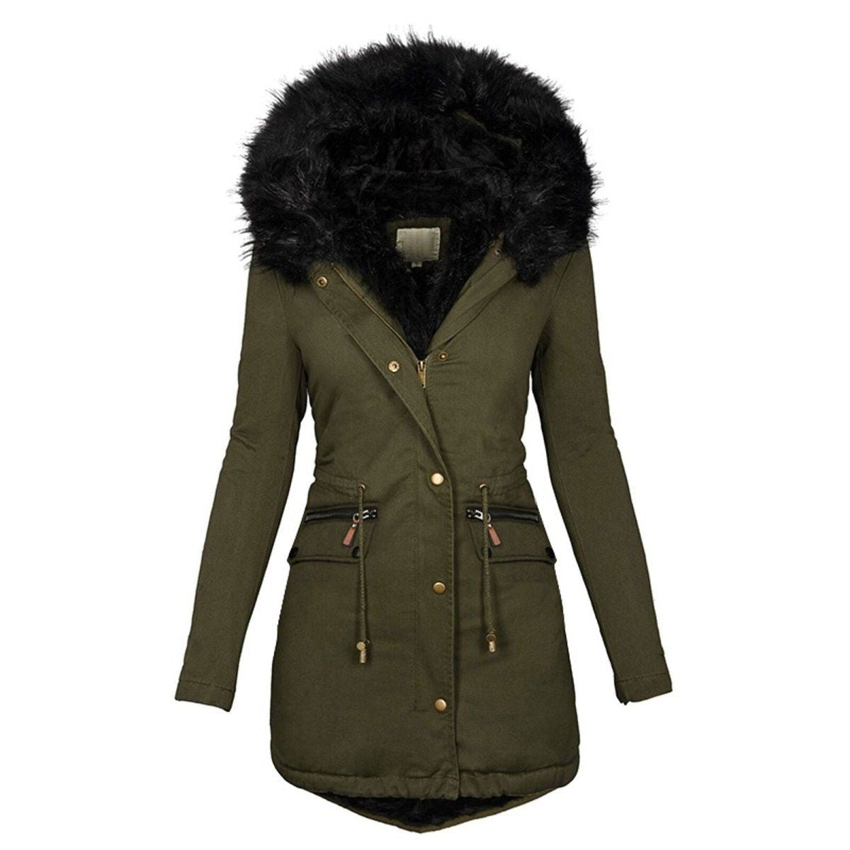 Winddichte, warme winterjas voor dames met een capuchon van imitatiebont en praktische zakken, ideaal voor koude winterdagen