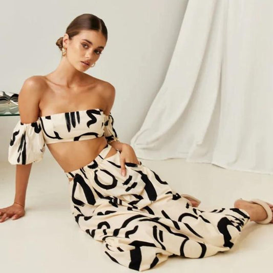 Tweedelige off-the-shoulder set met abstracte print - Josephine