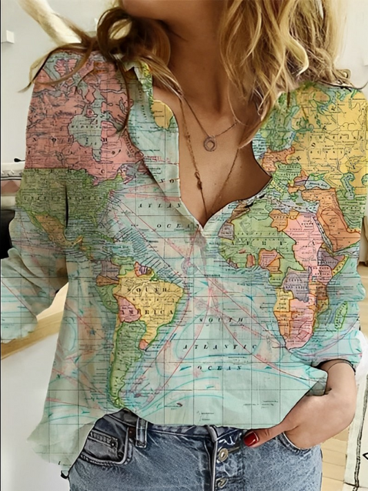 Globe Wereldkaart Bedrukt Shirt - Carmel