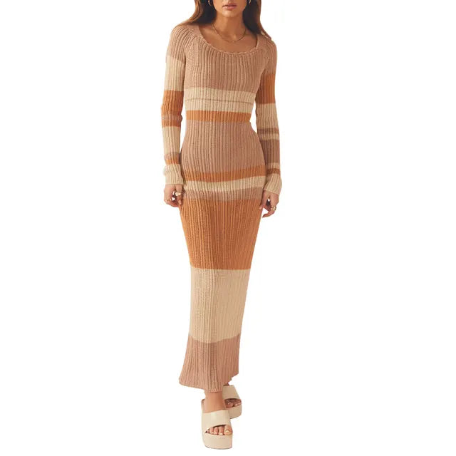 Gebreide maxi jurk met off-the-shoulder strepen - Jonna