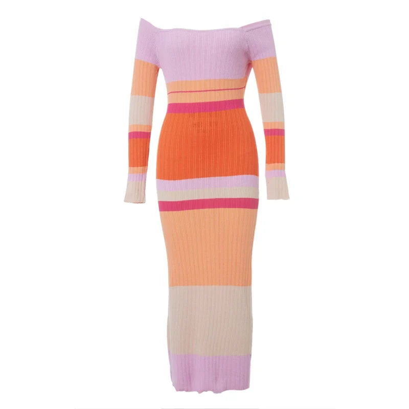 Gebreide maxi jurk met off-the-shoulder strepen - Jonna
