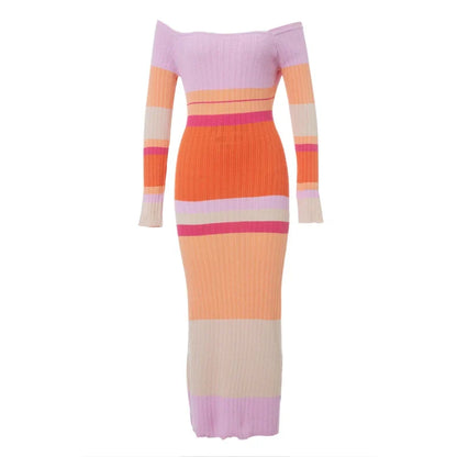 Gebreide maxi jurk met off-the-shoulder strepen - Jonna