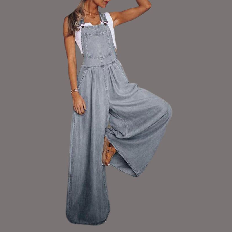 Casual denim jumpsuit voor dames met doorlopende ritssluiting en verstelbare tailleband.