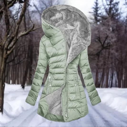 Elegante pluche jas voor dames met pluche imitatiebont voering, flatterende pasvorm en capuchon, perfect voor warmte en elegantie in de winter.