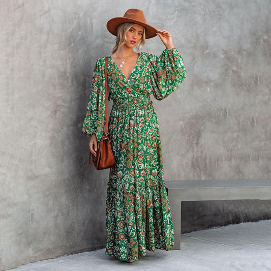 Groene bohemien maxi jurk met bloemen - Chari