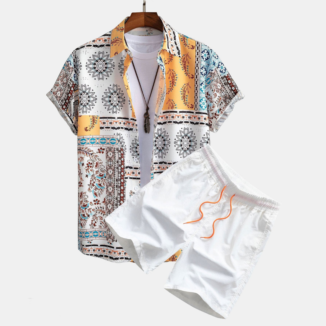 Klassieke zomerset bestaande uit een shirt en shorts, perfect voor vrije tijd, strand en de zomer