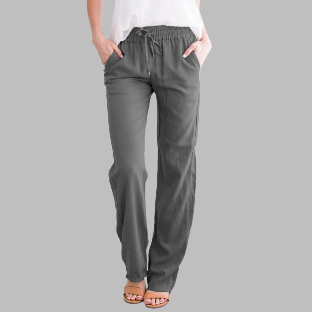 Luchtige katoen-linnen broek voor dames met lichte, ademende stof en een comfortabele pasvorm.