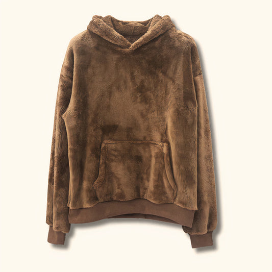 Modischer Plüsch-Kapuzenpullover mit weichem Material und gemütlichem Design.