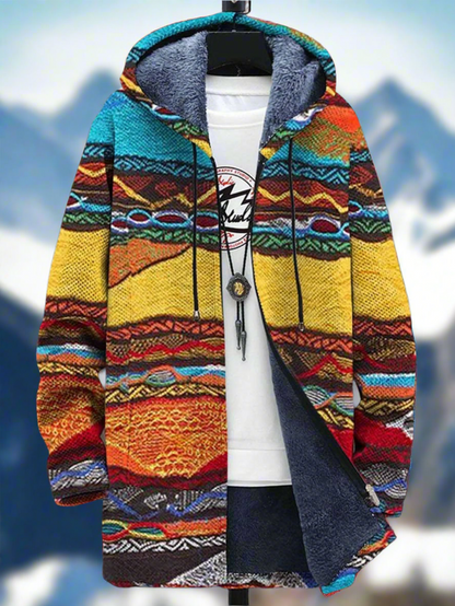 Een stijlvolle warme jas voor mannen en vrouwen, ideaal voor herfst- of winterdagen, met unieke patronen en knusse Sherpa voering.