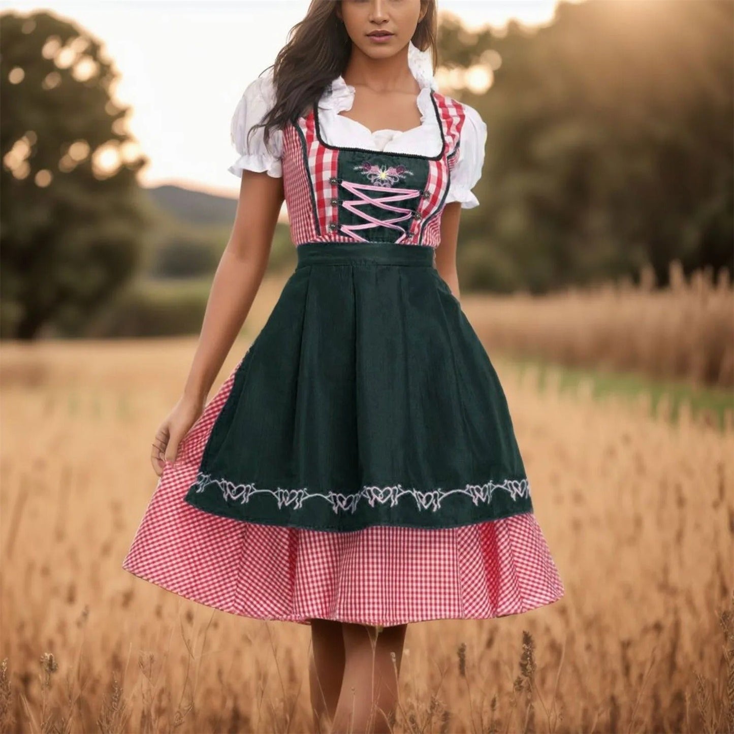 Oktoberfest dirndl met geruit patroon en korte mouwen - Arielle